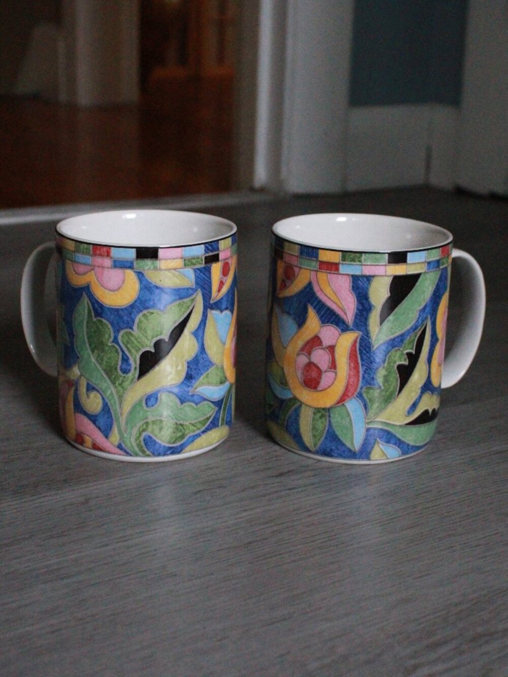 Vintage Pair of PTS Inter. Interiors "Fantasia" Floral Mosaic Stoneware Mugs